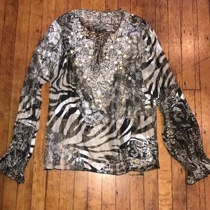 Beaded silk satin chiffon metallic tunic blouse
